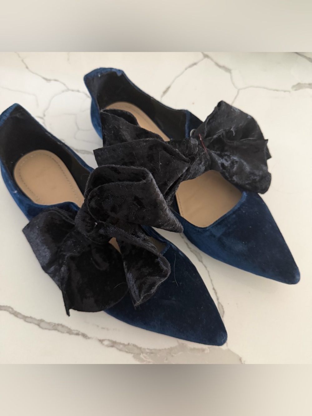 Zara Navy Velvet Pointed Flats with Black Velvet Bow